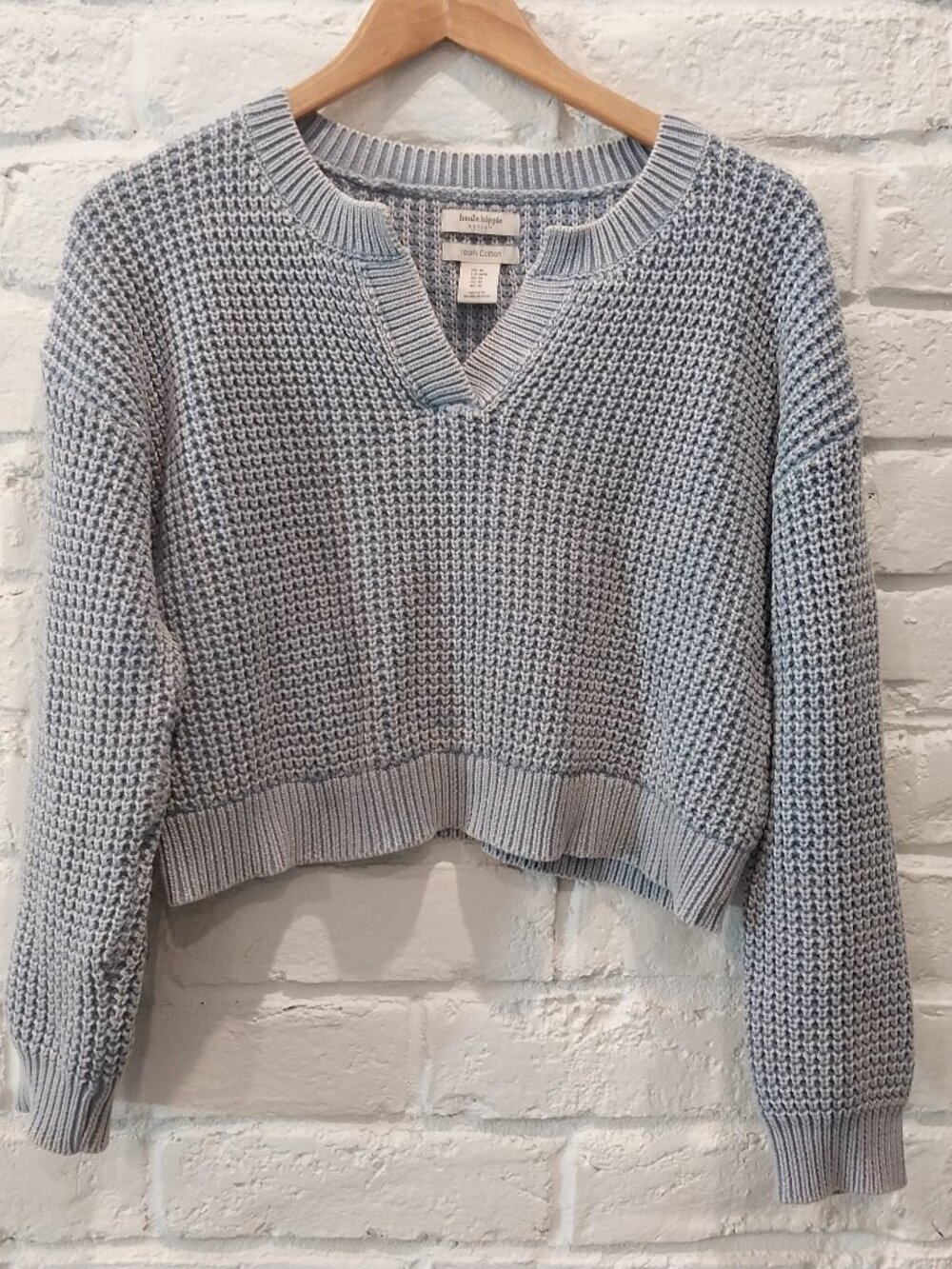 Haute Hippie Crop Sweater Womens M Blue Acid Wash 100% Cotton Boho Chunky Knit.